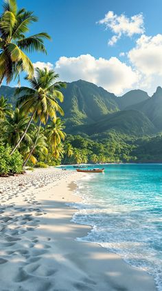 the beach is lined with palm trees and blue water, while mountains are in the distance