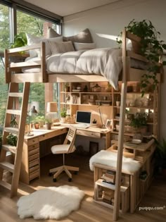 a loft bed with a desk underneath it and a ladder to the upper level above