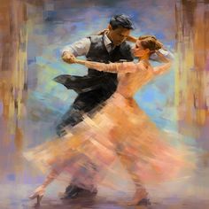 a painting of a man and woman dancing in an artistic fashion, with the background blurry