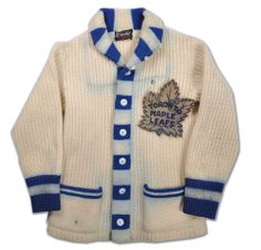 Former Leafs' captain Ted Kennedy's 1940s Toronto Maple Leafs Wool Cardigan - It reminds me of "The Hockey Sweater" by Roch Carrier. Letter Jacket, College Sweater, Varsity Cardigan, Hockey Clothes, Mary Maxim, College Jackets, Preppy Mens Fashion, Varsity Letter