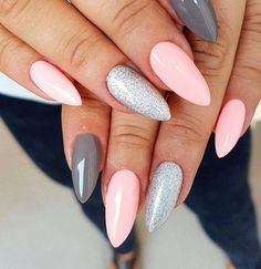 Pink Gel Nails, Gray Nails, Gel Nail Colors, Almond Acrylic Nails, Best Nail Art Designs, Super Nails, Pink Nail Designs, Trendy Nail Design