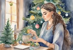 a watercolor painting of a woman holding a cup in front of a christmas tree