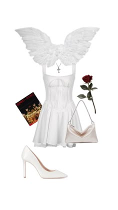 a white dress and heels with a rose on the floor next to it is an angel costume