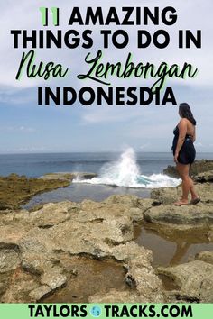 a woman standing on rocks with the words 11 amazing things to do in alaska, sembagan and indonesia