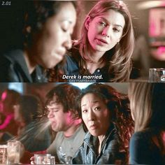 two people sitting at a table with drinks in front of them and the caption reads derek is married