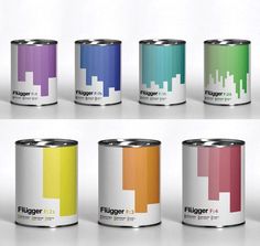 six cans of paint with the same color as they appear to be in different stages