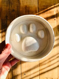 a hand holding a white bowl with four rocks in the shape of a dog's paw