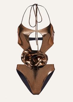 Effortlessly turn heads in this chic and stylish 3D Flower Decor Halter Metallic One-Piece Swimsuit. The halter design offers comfortable support while the bronzed metallic fabric adds a touch of glamour. With its intricate 3D flower decoration, you'll feel confident and fashionable at the beach or pool. *Return and exchange are not supported Chic Gold Swimwear For Summer, Gold Evening Swimwear For Summer, Luxury Gold Swimwear For Party, Chic Gold Swimwear For Night Out, Gold Summer Evening Swimwear, Elegant Metallic Swimwear For Party, Brown Party Swimwear For Spring, Luxury Gold Swimwear For Summer, Gold Halter Neck Swimwear For Party