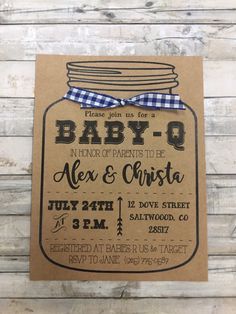 baby - q announcement with mason jar and gingham ribbon