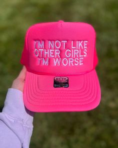 Trucker Hat Stay cool and show off unique style with this I'm Not Like Other Girls I'm Worse Trucker Hat. This made-in-house hat is perfect for spring and summer days, especially for girls' nights out. The statement on the cap will surely turn heads and get conversations going. Be prepared to stand out. BULK ORDERS 6 PCS OR MORE! - PLEASE CONTACT US FOR A DISCOUNT CODE BEFORE ORDERING 6 PIECES= 30% OFF 12 PIECES = 40% OFF 24 PIECES = 50% OFF 48 PIECES = 55% OFF 96+ PIECES = 60% OFF All discounts Spring Hip Hop Trucker Hat For Streetwear, Pink Dad Hat For Streetwear In Spring, Pink Dad Hat For Spring Streetwear, Novelty Flat Bill Hat With Letter Print, Spring Pink Dad Hat For Streetwear, Spring Streetwear Pink Dad Hat, Spring Streetwear Flat Brim Hat, Fun Embroidered Snapback Hats, Spring Hip Hop Snapback Baseball Cap