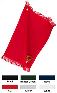 a red scarf with fringes hanging from it's end and the name hunter green on