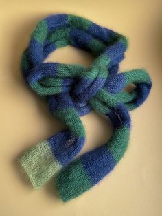 Skinny fluffy mohair silk scarf - thin and long - dark blue and green stripes - versatile accessory - soft knitted scarf Mohair Knit Scarf, Striped Knit Scarf, Yarn Bows, Hand Knitted Scarves, Rib Knit Scarf, Mohair Knitting, Knit Gifts, Hand Knitted Scarf, Knitting Art