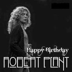 a man with long hair standing in front of a black background and the words happy birthday robert