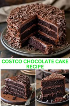 a collage of photos showing the inside of a chocolate cake with one slice cut out