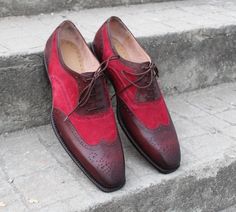 Crafted Leather Brown and Red Suede Contrast Wingtip Dress Oxford Shoes on Storenvy Quality Leather Boots, Wingtip Oxford Shoes, Wingtip Shoes, Custom Design Shoes, Oxford Dress Shoes, Wingtip Oxford, Oxford Dress, Red Suede, Shoes Men