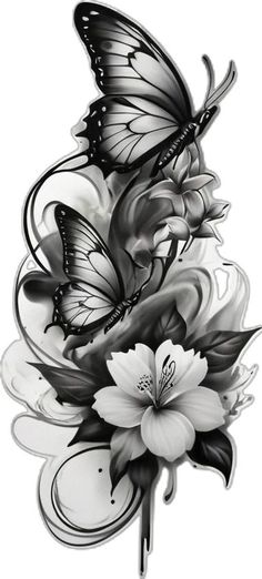 black and white drawing of flowers with butterflies on the petals, in front of a white background