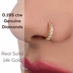 Diamond Nose Ring - 14k gold hoop set with 13 genuine diamonds in a total carat of 0.13. Wear this magnificent diamond nose ring for a full shine majestic look.  Materials: ♦ 14 karats nickel-free gold in yellow gold, rose gold, or white gold. ♦ 13 genuine conflict-free diamonds. The total carat is 0.13ct. Sizing: ♦ Gauge: 20 gauge or 18 gauge (0.8 mm or 1mm, respectively). ♦ Inner diameter: 7 mm, 8 mm, or 9 mm (slightly more than 1/4", 5/16", slightly less than 3/8" respectively). Features: ♦ C Fake Nose Rings Diamond, Cheap Wedding Nose Rings, Nose Piercing Ring Diamond, Diamanté Nose Ring, Elegant Cheap Nose Rings For Engagement, Cheap Elegant Wedding Nose Rings, Nose Piercing Diamond, Nose Ring Diamond, Fake Nose Stud