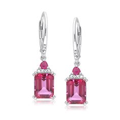 Ross-Simons - 5.75ct t. w. Pink Topaz, .40ct t. w. Ruby Drop Earrings, Diamond Accents. Unlock the power of pink with these fiery drop earrings, featuring sizable 5.75 ct. t. w. emerald-cut pink topaz gems made even more magnificent by .40 ct. t. w. triangular rubies and sparkling round diamond accents. Crafted in polished sterling silver. Hanging length is 1 1/4". Leverback, ruby and pink topaz drop earrings. Ruby Drop Earrings, Drop Earrings Diamond, Pink Topaz, Earrings Diamond, Emerald Cut, Round Diamond, Round Diamonds, Topaz, Emerald