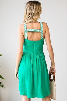 Embroidered Sleeveless Dress Open Back 100% Rayon Shoulder To Hem 36" Sleeveless Embroidered Sundress, Sleeveless Cotton Embroidered Dress, Fitted Sleeveless Embroidered Sundress, Green Embroidered Sleeveless Dress, Green Sleeveless Fitted Embroidered Dress, Green Fitted Sleeveless Embroidered Dress, Casual Sleeveless Embroidered Fitted Dress, Casual Fitted Sleeveless Embroidered Dress, Sleeveless Embroidered Sundress For Vacation