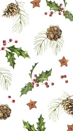 watercolor christmas seamless pattern with holly, pine cones and star decorations on white background