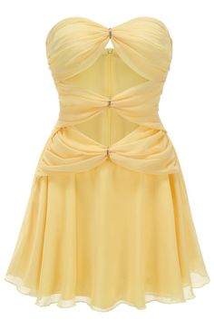 Strapless Ruched A Line Dress Yellow DESIGN: Color: Yellow Strapless design Sleeveless Bustier detail Ruched design Cut-out detail A-line design Concealed zipper at back Gentle Dry Clean Only Length: Mini MATERIAL: Polyester + Cotton High quality durable fabric. Delicate sewing and hemming by durable needle lockstitch machine. YKK zipper (known as the most durable and reliable zippers manufactured today). To maintain the beauty of your garment, please follow the care instructions on the attached Sleeveless Corset Dress With Pleated Bodice, Sleeveless Summer Corset Dress With Back Zipper, Sleeveless Pleated Corset Dress For Cocktail, Summer Strapless Dress With Sweetheart Neckline And Back Zipper, Strapless Sleeveless Dress With Ruched Bodice, Sleeveless Halter Dress With Ruched Fitted Bodice, Ruched Sleeveless Halter Dress With Fitted Bodice, Ruched Halter Dress With Fitted Bodice, Sleeveless Pleated Mini Dress For Prom