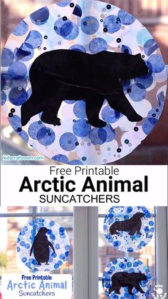 an animal sun catcher made out of paper and blue circles with the words free printable arctic