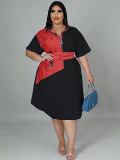 Material: 70-80% Polyester & Spandex. Features: Plus Size Dress, short sleeves, zipper, color block, asymmetrical hem, loose, midi dress.Style: Casual Casual Short Sleeve Dresses With Contrast Color, Multicolor Spliced Short Sleeve Dress, Casual Short Sleeve Midi Dress With Patchwork, Casual Patchwork Midi Dress With Short Sleeves, Casual Midi Dress With Splicing, Casual Midi Dresses With Splicing Detail, Casual Knee-length Patchwork Midi Dress, Casual Short Sleeve Color Block Dress, Black Color Block Midi Dress