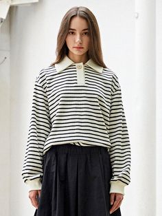 Editor's notesIt is a casual sweatshirt in stripe pattern. The wide collar and puff sleeve with natural ruching add adorable and feminine mood. The medium weight cotton and polyester blend jersey fabric and side slits make comfy fit.- Semi-oversized fit- Ribbed collar, placket, cuffs- One button closure- Side slits- Stripe in contrast colorMeasurements(in.)S (One Size)- Shoulder: 19.7 in.- Chest: 45.7 in.- Front Length: 24.4 in.- Back Length: 25.6 in.- Sleeve Length: 22.4 in.*Model info: Height Casual Collared T-shirt With Contrast Stripes, Classic Striped Collared T-shirt, Cotton T-shirt With Striped Collar And Relaxed Fit, Cotton V-neck Top With Striped Collar, Relaxed Fit Cotton T-shirt With Striped Collar, Sweatshirts Pattern, Comfy Fits, Casual Sweatshirt, Stripes Pattern