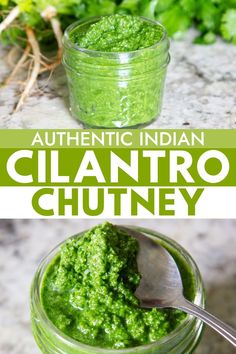 a jar filled with cilantro chutney next to a spoon