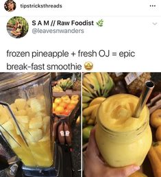 a person holding a blender filled with frozen pineapple and fresh oj - epic breakfast - fast smoothie