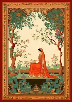 a woman sitting on top of a bench in front of trees and flowers with an orange shawl over her head