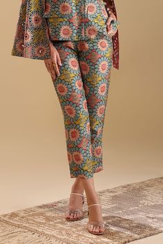 Multi color cape sleeve blazer with all over floral bloom prints and cutwork embroidery. Paired with a coordinating pant. - Aza Fashions Cape Sleeve Blazer, Rohit Bal, Pant For Women, Cutwork Embroidery, Tarun Tahiliani, Cape Sleeves, Printed Blazer, Pants Pattern, Cut Work