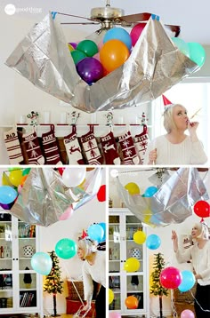 a collage of photos with balloons in the air