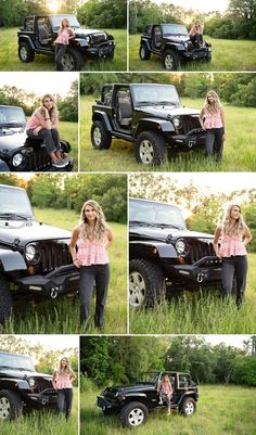 a woman standing next to a jeep in a field with trees and grass behind her