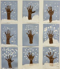 four pictures of handprints with snow falling on them