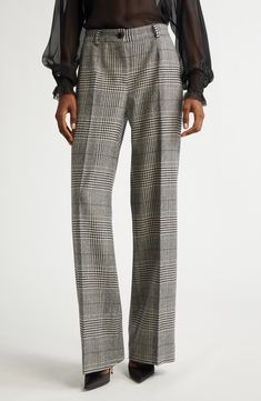 A jagged houndstooth check patterns neatly creased trousers fashioned from a sumptuous blend of wool and cashmere in a wide-leg silhouette. Zip fly with button closure Side-seam pockets; back button-welt pockets 90% wool, 10% cashmere Dry clean Made in Italy Designer Clothing Elegant Plaid Pants For Workwear, Classic Plaid Pants For Workwear, Plaid Tweed Bottoms For Fall, Elegant Plaid Business Casual Pants, Elegant Plaid Pants For Business Casual, Formal Tweed Bottoms, Tailored Plaid Pants For Fall, Classic Houndstooth Bottoms For Workwear, Classic Fitted Plaid Pants