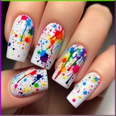 ongles pour septembre 2024 ✨💅🍂 Sneaker Nail Art, Smiley Face Design Nails, Black Paint Splatter Nails, Rainbow Nail Art Designs Bright Colors, Neon Paint Splatter Nails, Color Splash Nails, Neon Gel Nails Short, Splat Nails, 80s Nails Designs