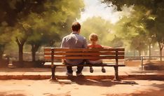 a painting of a father and daughter sitting on a park bench looking at the trees