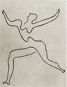 a black and white drawing of a woman leaping