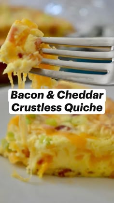 bacon and cheddar crustless quiche on a fork