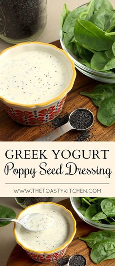 greek yogurt poppy seed dressing in a bowl with spinach leaves and spoons