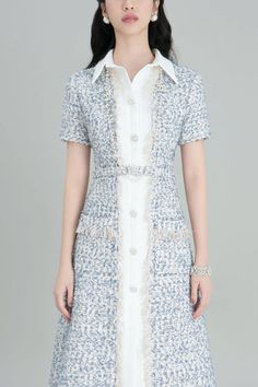 Yuki A-line Short Sleeved Tweed Midi Dress | MEAN BLVD Tweed Midi Dress, Short Sleeves Dress, Crossover Dress, Mean Blvd, A Line Shorts, Dresses 2023, Fringe Skirt, Sleeves Dress, Silk Midi Dress