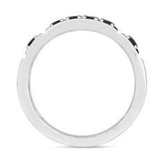 Add modern style to his look with this bright sterling silver and double row black diamond band. Sterling silver. 1 ct. t.w. black diamonds. Edgy and bold design. Double row band for added impact. Classic Black Spinel Diamond Ring For Formal Occasions, Classic Formal Black Diamond Ring, Modern Channel Set White Gold Jewelry, Modern Diamond White Jewelry Channel Set, Classic Black Spinel Diamond Ring For Anniversary, Formal Black Spinel Jewelry With Diamond Accents, Classic Black Spinel Jewelry With Polished Finish, Formal Diamond White Jewelry With Black Diamonds, Modern Black Diamond Jewelry