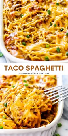 baked taco spaghetti casserole in a white dish with a fork