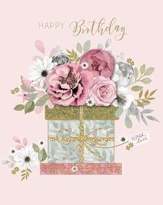 a pink birthday card with flowers and presents on it's side, in front of a