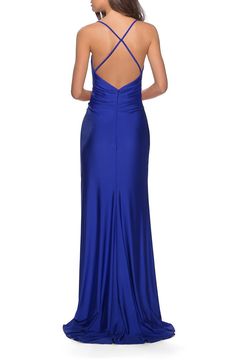 La Femme Cross Back Satin Jersey Trumpet Gown | Nordstrom Trumpet Gown, Trumpet Skirt, Cocktail Attire, Backless Dress Formal, Floor Length, Formal Dresses Long, Prom Dresses, Perfect Fit, Nordstrom