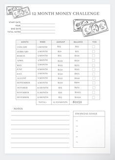 the 12 month money challenge worksheet is shown in black and white, with two stacks