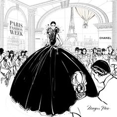 a black and white drawing of a woman in a ball gown with the eiffel tower in the background