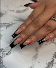 Black French Tip nails W/ Gold Accent Black French Tip Acrylic Nails Square, Black Acrylic Nails Square, Black Tip Nails Square, Black Nail Sets Medium, Long Black French Tip Nails, Black Square Acrylic Nails, Black French Tip Nails, Black French Tip, Glam Accessories