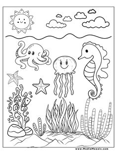 an ocean scene with sea animals and starfishs in the water coloring book page